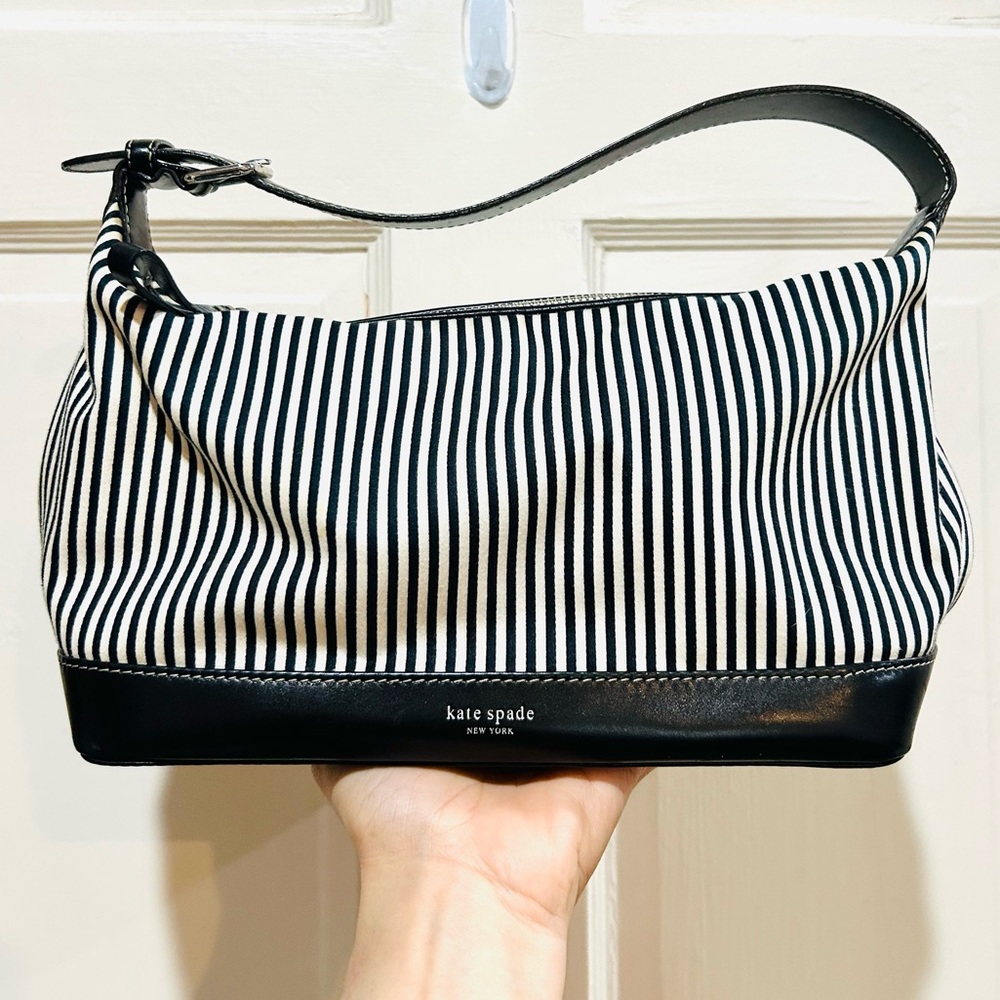 {kate spade} Striped Canvas & Leather Handbag Preppy Luxury Designer